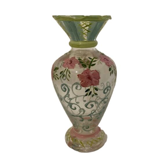 Vintage Tracy Porter Hand-Painted Glass Bud Vase Pink Floral Ruffled Rim 6.5” - Picture 7 of 9